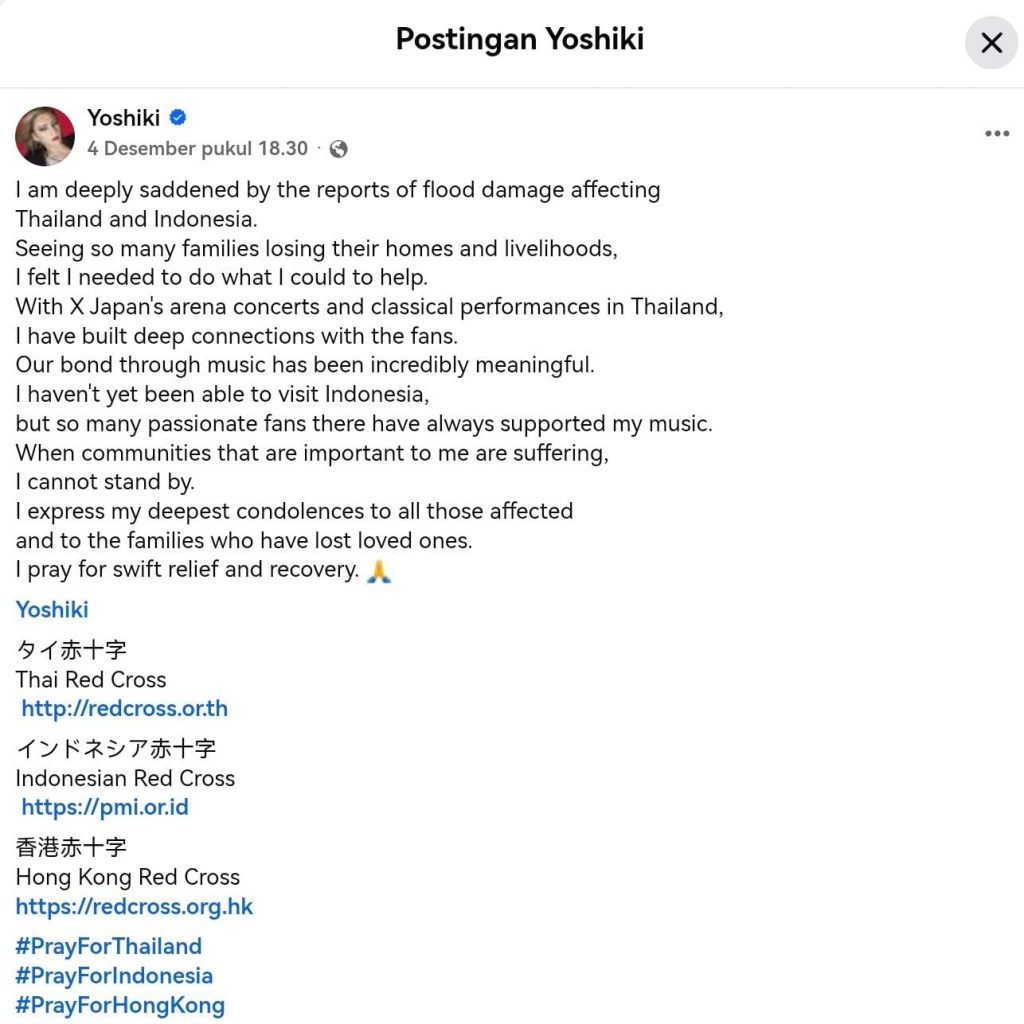 Yoshiki X Japan Ungkap Kepedulian Mendalam untuk Banjir Indonesia - sumber foto Facebook Yoshiki