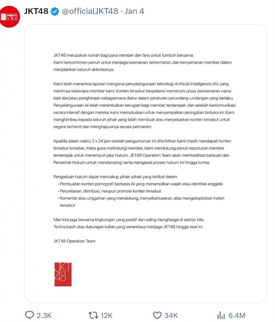 JKT48 Tegas Lawan Penyalahgunaan AI,  - sumber foto X JKT48