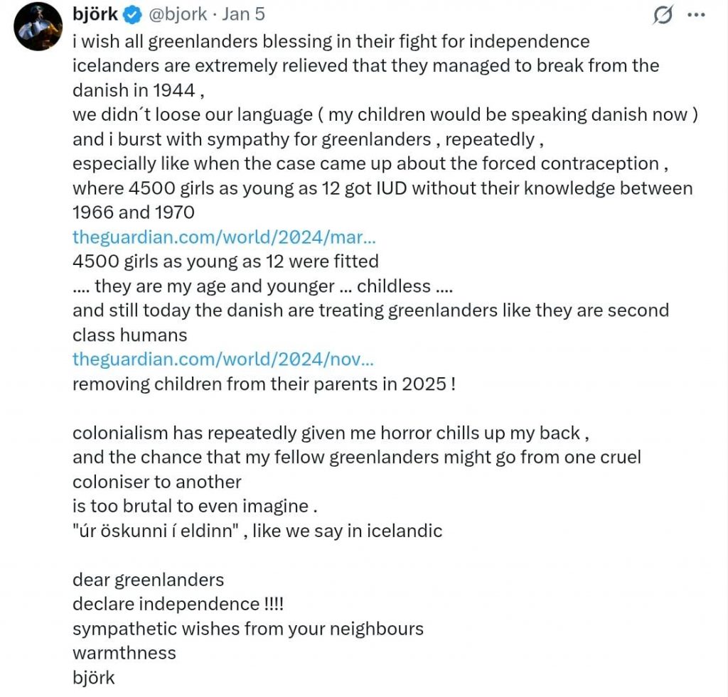 Bjork Serukan Kemerdekaan Greenland - sumber foto X (twitter)