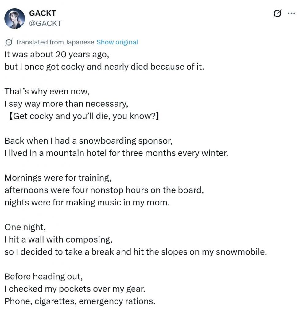 Gackt Hampir Tewas di Pegunungan Salju - sumber foto X Gackt