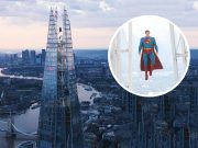Superman Melayang di Atas Langit London: Patung Superman 11 Kaki Jadi Aksi Promo Tertinggi di Inggris! patung Superman The Shard promosi film DC terbar - sumber foto screenthrill