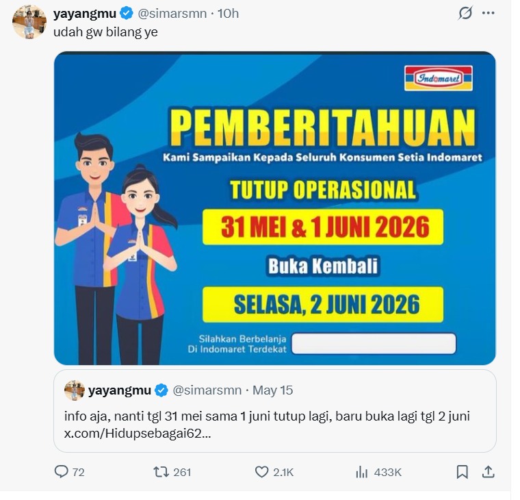 Indomaret Tutup Operasional berita di X - sumber foto X/ yayangmu
