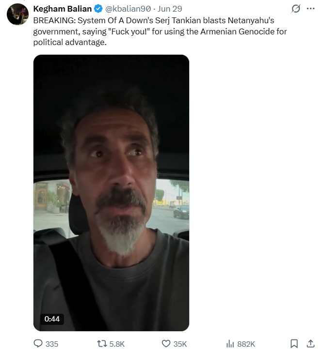 Vokalis System of a Down Serj Tankian Kritik Pemerintah Israel - sumber foto X
