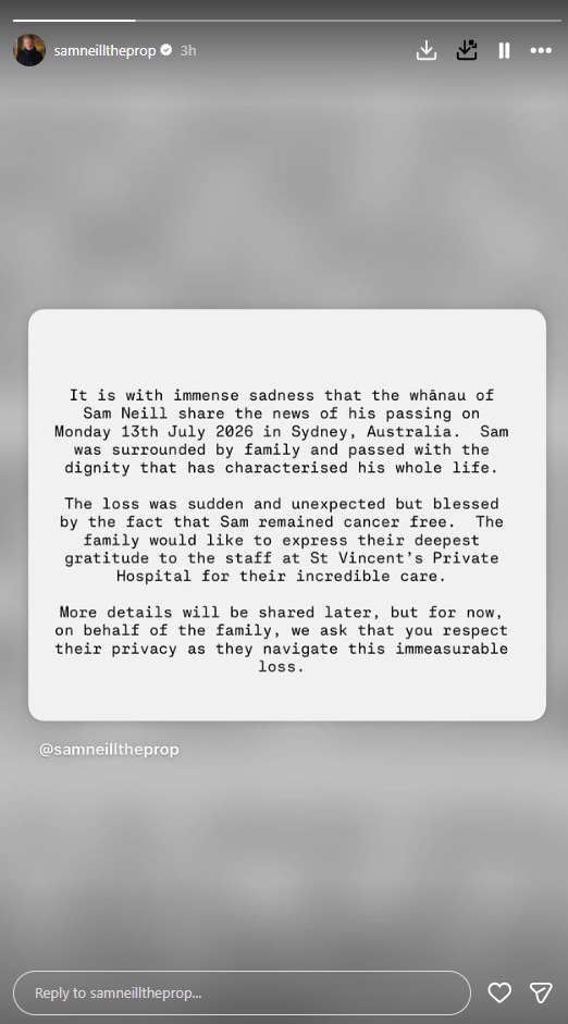 Sam Neill meninggal dunia - sumber foto instagram/samneilltheprop