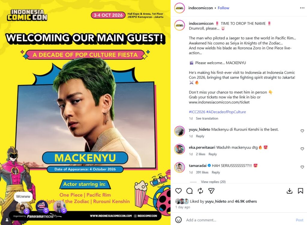 Mackenyu hadir di Comic Con 2026 Jakarta - sumber foto Instagram/indocomiccon