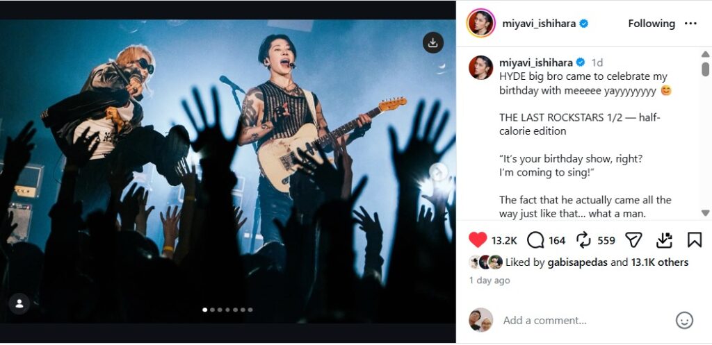 HYDE hadir sebagai special guest di konser ulang tahun MIYAVI - sumber foto instagram/Miyavi